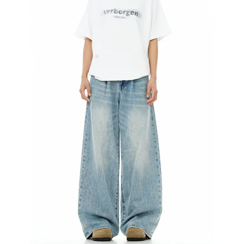 Spring And Autumn New Light Blue Jeans Retro Washed Old Straight Loose Wide-leg American High Street Men's Trousers