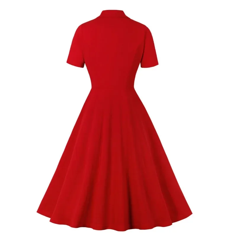 2024 New Vintage 50s Women's Retro Party Costume Dress Solid Color Short Sleeve Audrey Hepburn Robe Pin Up Button Swing Dresses