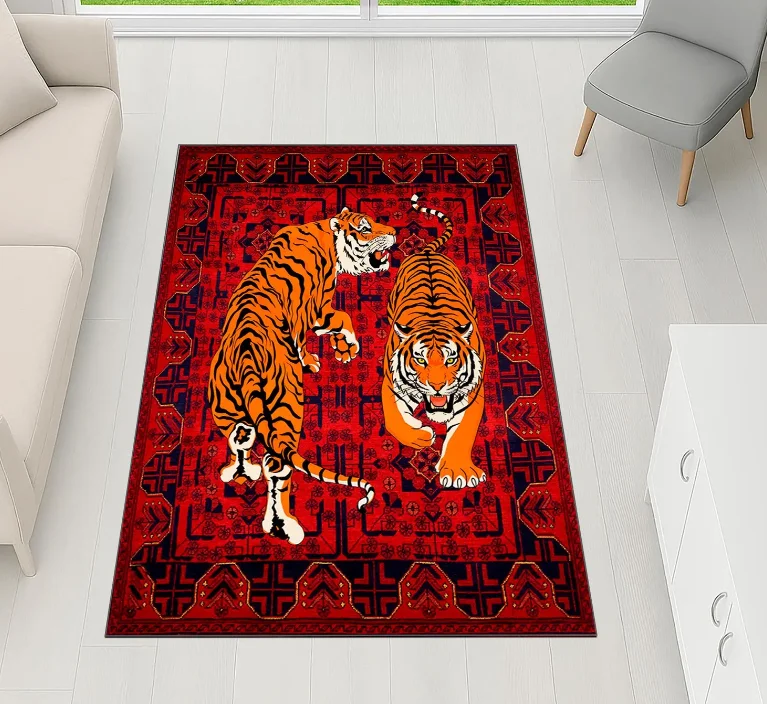 Tiger Rug Red Oriental Style Area Carpet,Bold Animal Print,Washable Non-Slip Living Room-Bedroom Decor, Entryway Rug Twin Tigers