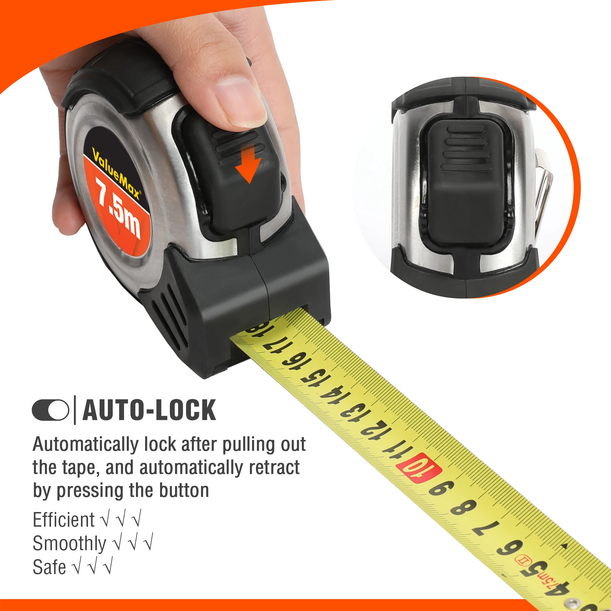 ValueMax 7.5M Metric Tape Measure Ruler Auto-Lock Retractable Distance Measurement Woodworking Measuring Tool