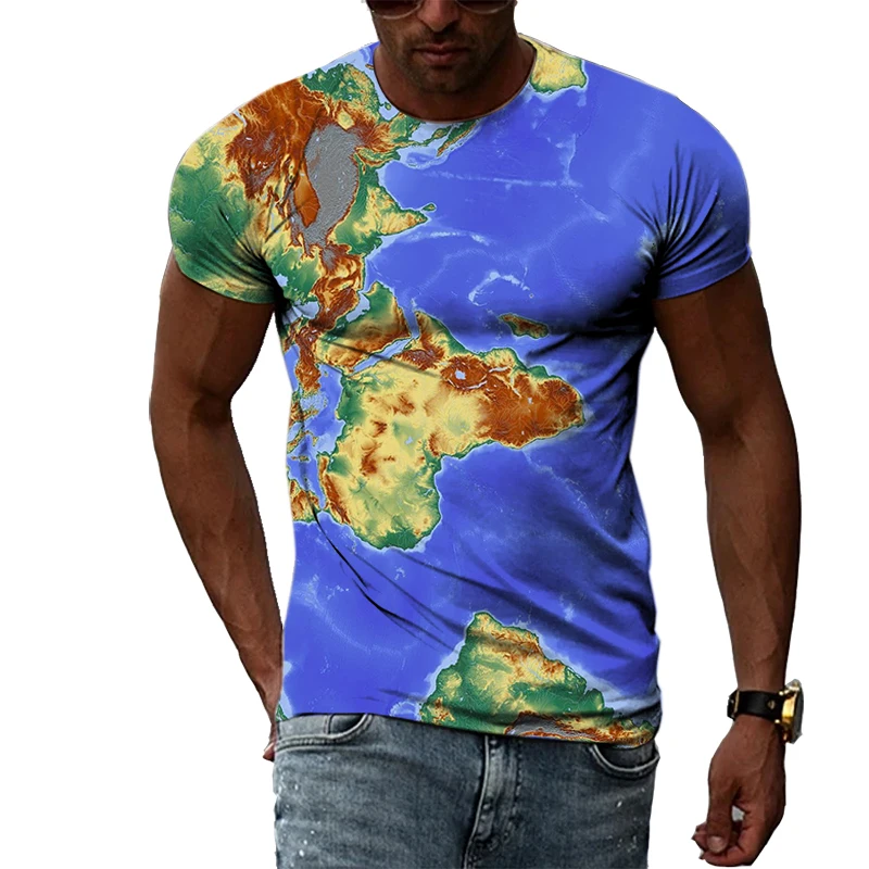 New Summer Fashion Creative Men's T-shirt World Map 3D Printing Classic Retro Short-sleeved Casual Home All-match O-neck Shirt