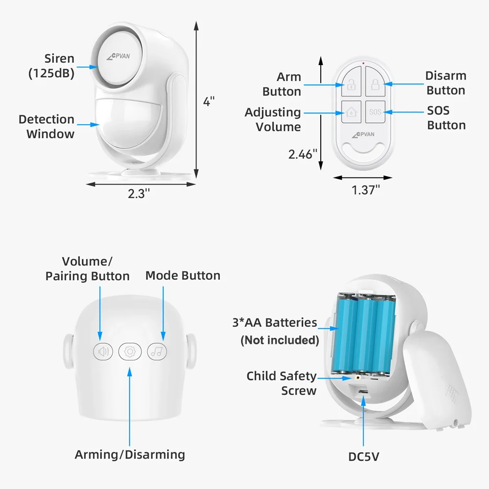 CPVAN nuovo rilevatore di movimento a infrarossi sensore di allarme antifurto sensore PIR Wireless 433MHz per sistema di allarme di sicurezza domestica suono 125db