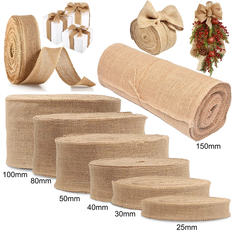 25–150 mm natürlicher Sackleinenstoff, Jute-Bastelband, Hessische Spitze für Geschenkverpackung, Weihnachten, rustikal, Vintage, Hochzeitsdekoration, 2 Meter