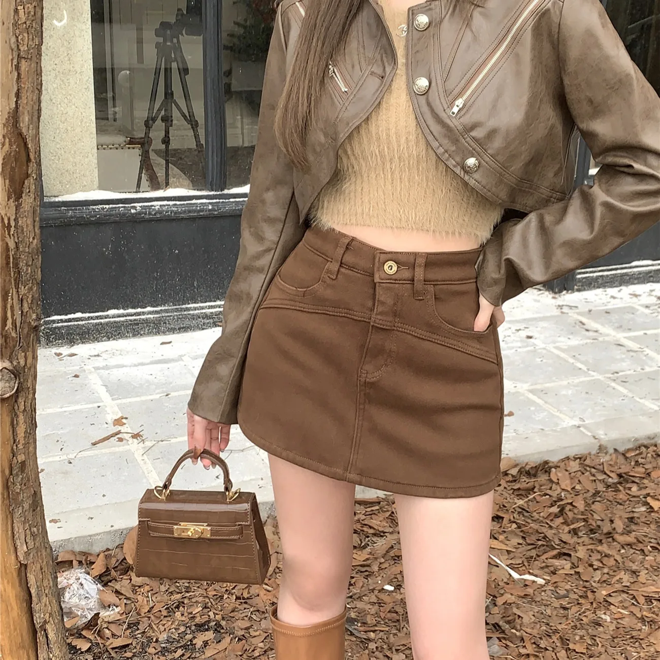 Thiened Fce High Waist A-Line Denim  Skirt Women's Autumn Winter New Sle Anti-Light Pants Skirt ort Skirt