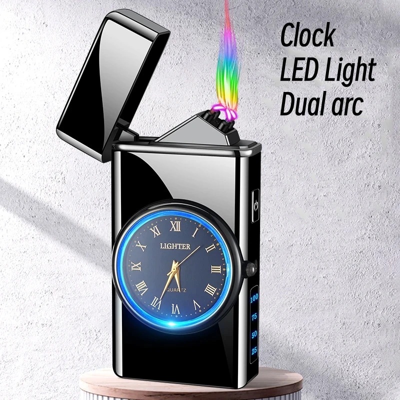 2024 Metal Clock Dual Arc Lighter Portable LED Display USB Rechargeable Flameless Lighter Outdoor Camping Flashlight Men\'s Gifts