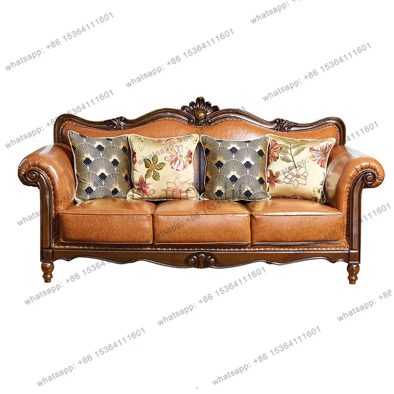 American solid wood sofa first layer reddish brown oak cowhide solid wood frame