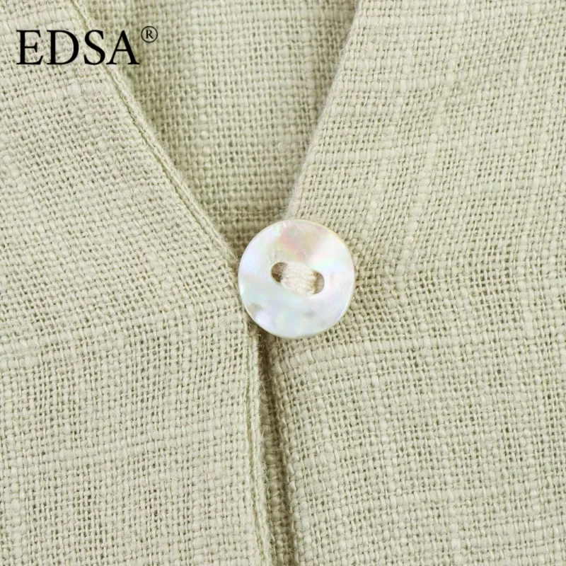 EDSA المرأة قميص كتان على غرار ميدي فستان التلبيب الياقة الخامس الرقبة طويلة الأكمام فتحات جانبية فساتين طويلة فضفاضة زر متابعة