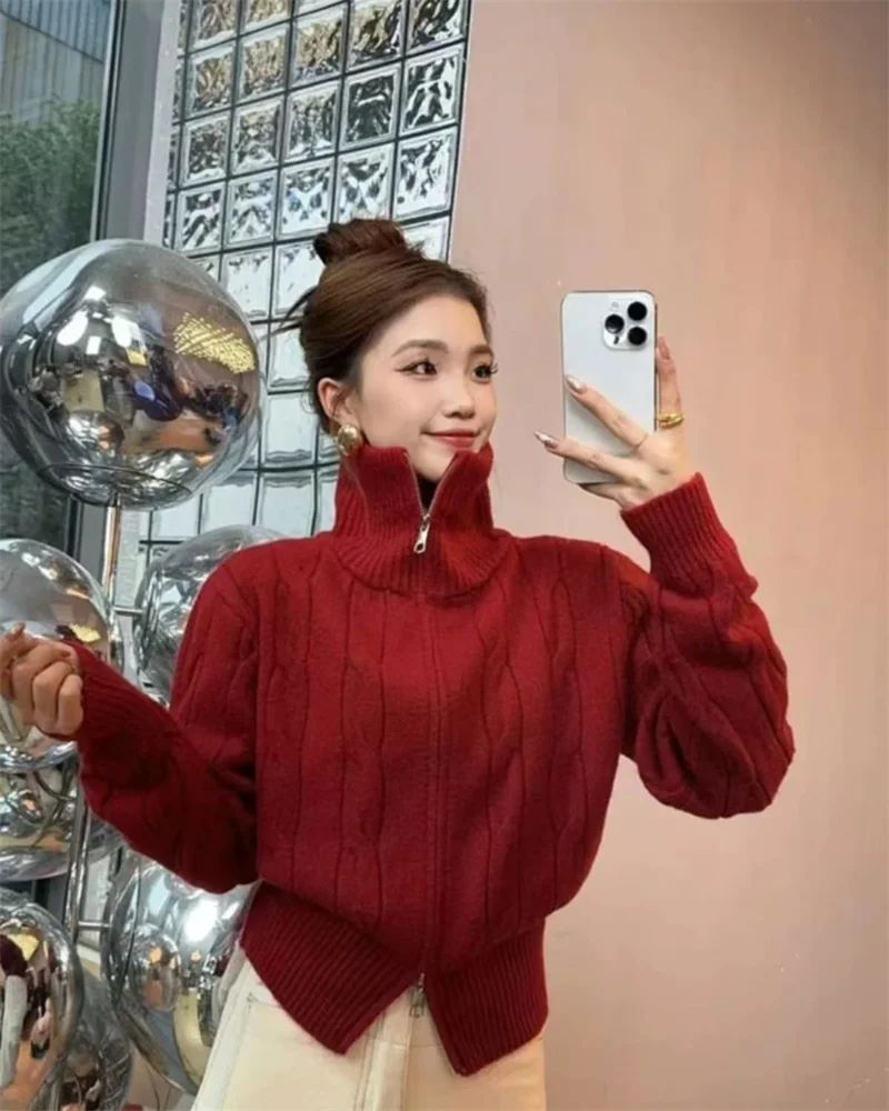Moda coreana, suéter corto con doble cremallera y cuello alto, cárdigan para mujer, Otoño Invierno, nuevo abrigo de punto, chaqueta para mujer