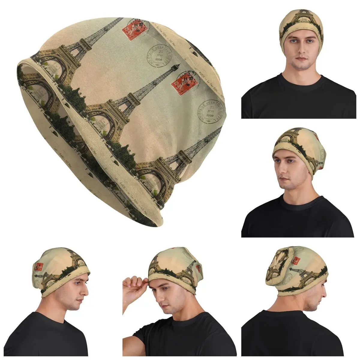 Eiffel Tower Vintage French Postcard Skullies Beanies Hats Warm Autumn Winter Outdoor Cap Knitted Bonnet Caps for Unisex Adult