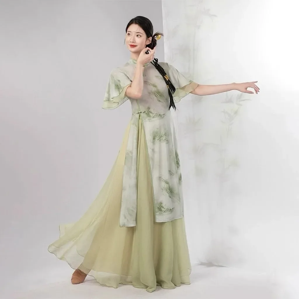 

Classical dance style cheongsam printed top cheongsam dance suit Chinese dance self-cultivation practice performance suit
