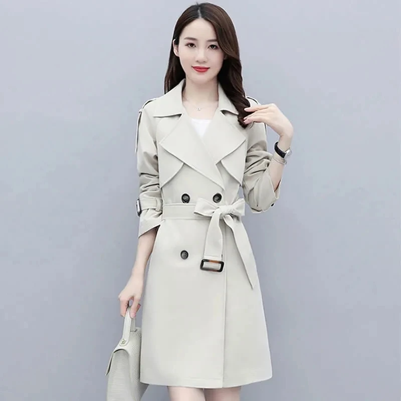 Moda Coreana das mulheres Lace Up Trench Coats, Double Breasted Primavera, Forrado Blusão, Elegante Comprimento Médio, Senhora do Escritório Casacos, 3XL