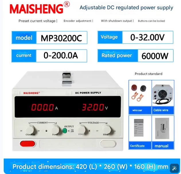 

MP30200C (0-30V 0-200A/6000W) MP5040C (0-50V 0-40A/2000W) High-Power Adjustable DC Regulated Power Supply