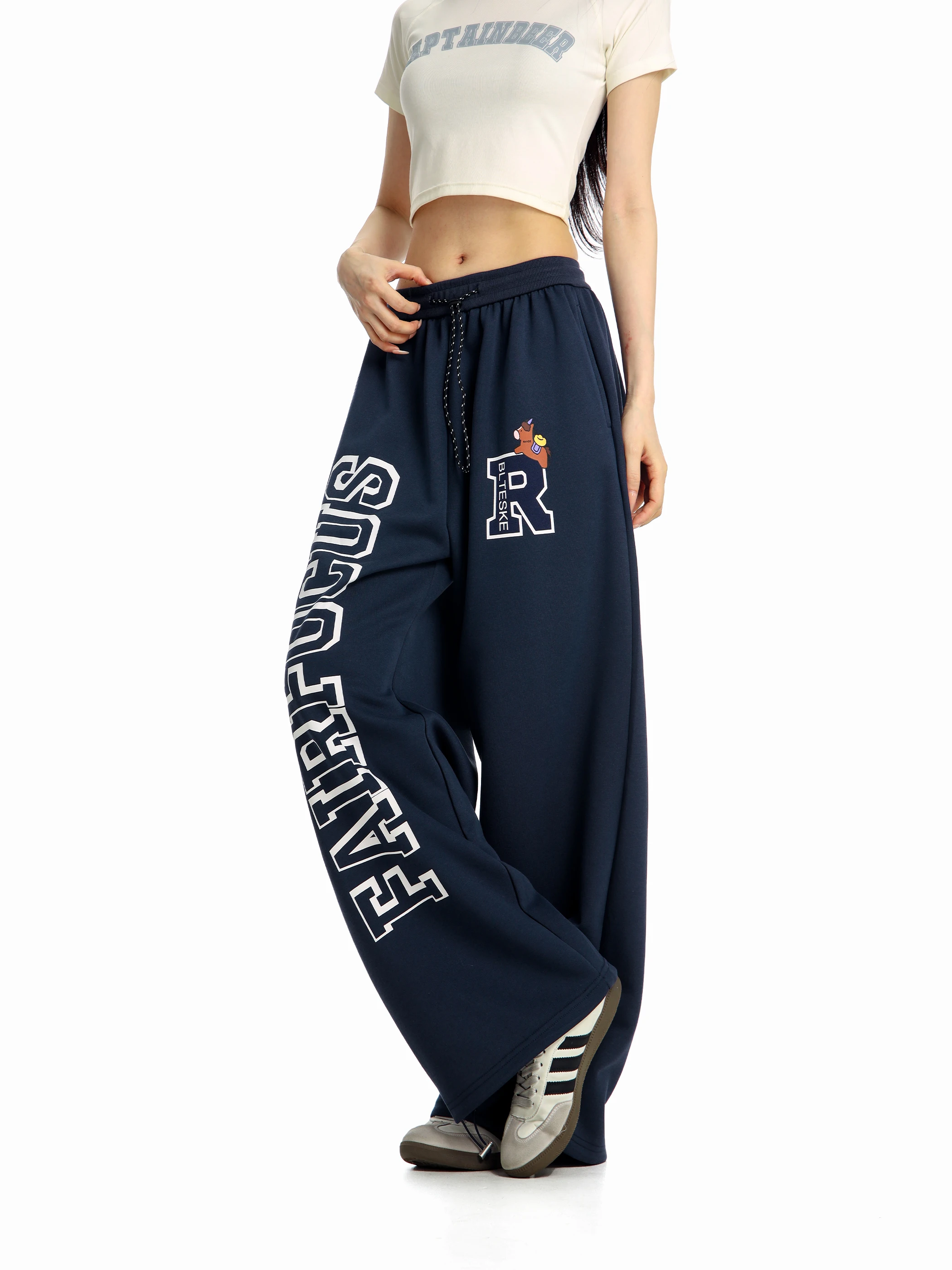 

Casual American Printed Loose Sport Pants Women Straight Leg Elastic Waist Dstring Wide Leg Summer Casual Trousers