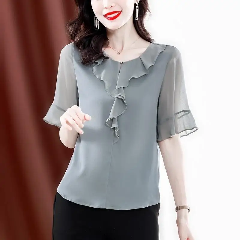 Summer Ruffles Patchwork Chiffon Blouse 2023 Fashion Solid Color All-match Round Neck Female Clothing Commute Short Sleeve Shirt