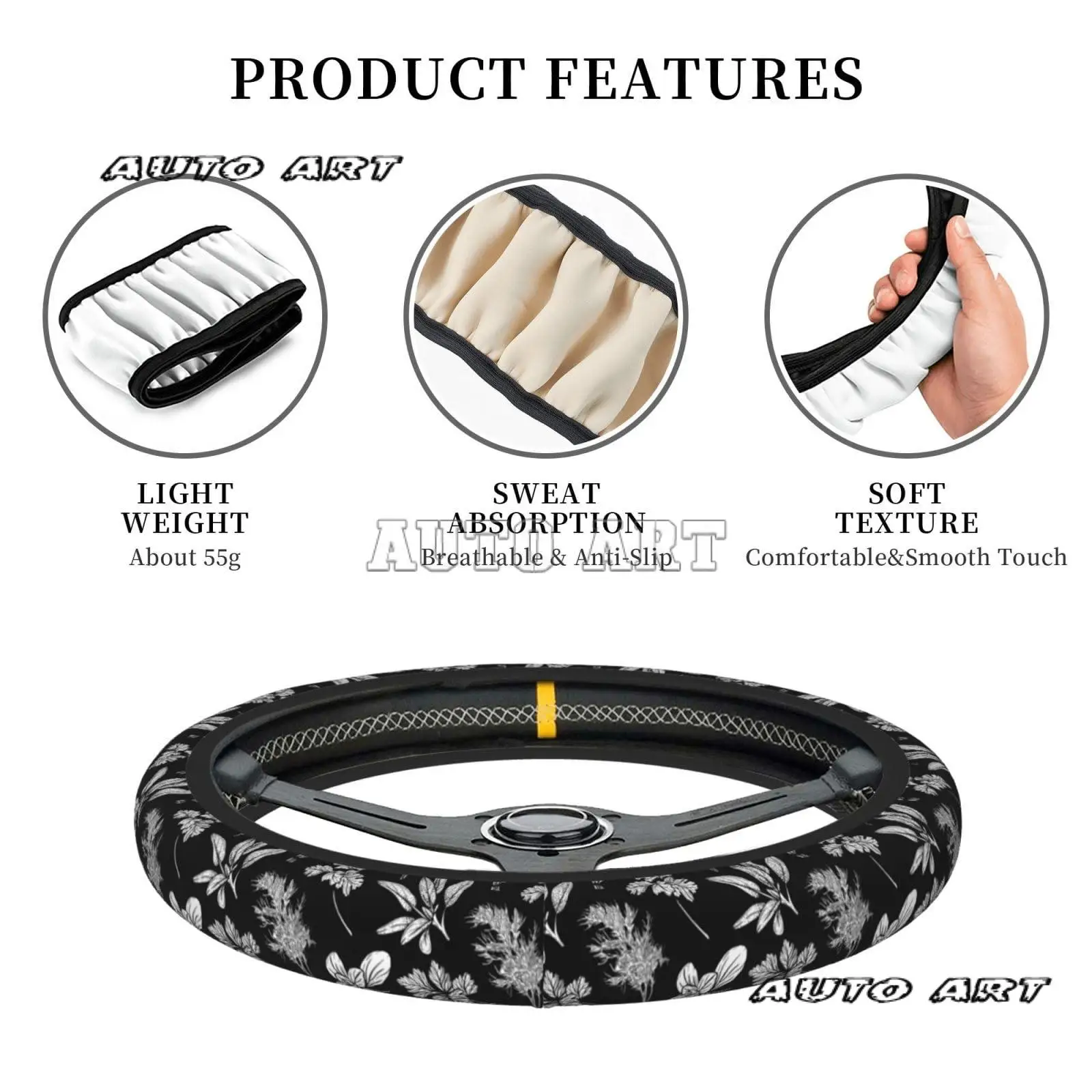 Herbs Flowers Plant White Black Car Steering Wheel Cover Protector  Anti Slip Soft Car Interior Decor for Diverse Cars Truck