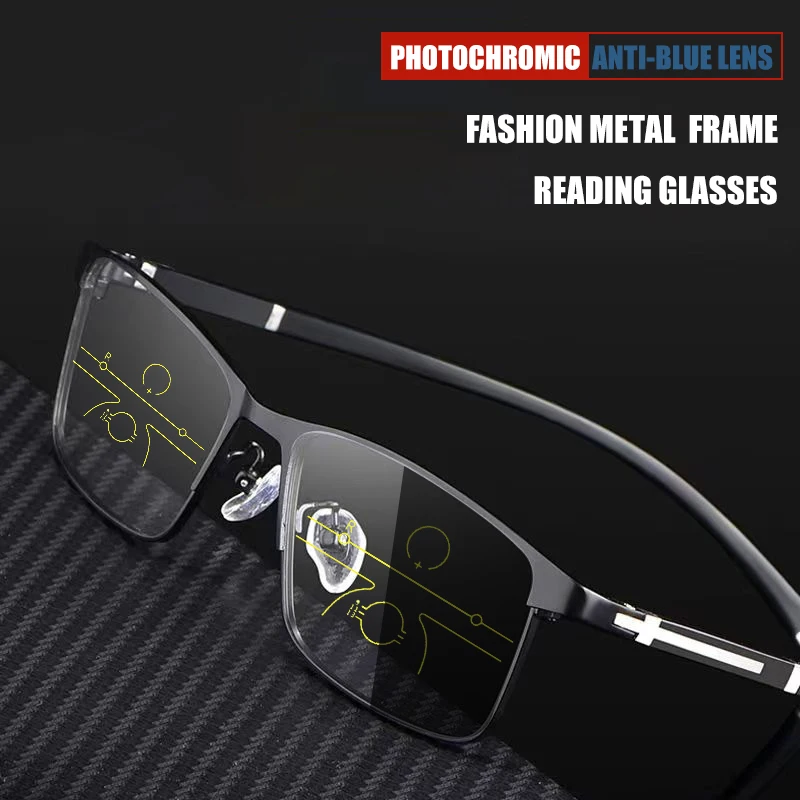 Ultraleichte, flexible, photochrome Gleitsicht-Lesebrille für Herren und Damen mit Blaulichtfilter gegen Alterssichtigkeit