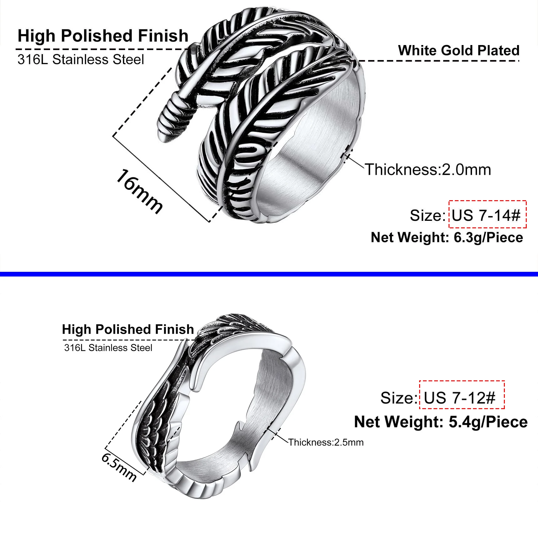 U7 Angel Wings Wrapped Feather Rings for Man Woman Sea Creature Animal Size 7-14 Retro Silver Color Stainless Steel Jewlery Gift