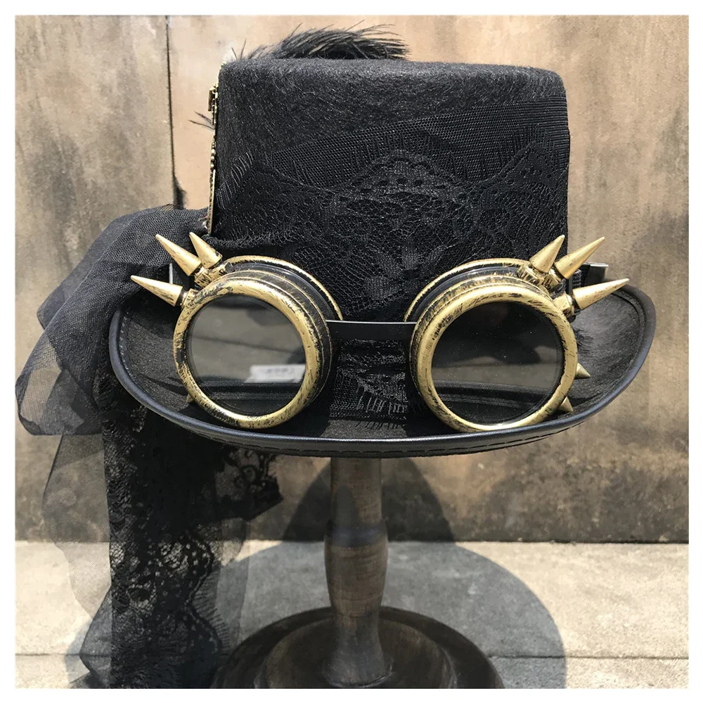 Fashion Women Handmade Steampunk Top Hat With Gear Glasses and Lace Stage Magic Hat Party Hat Size 57CM Steampunk Hat