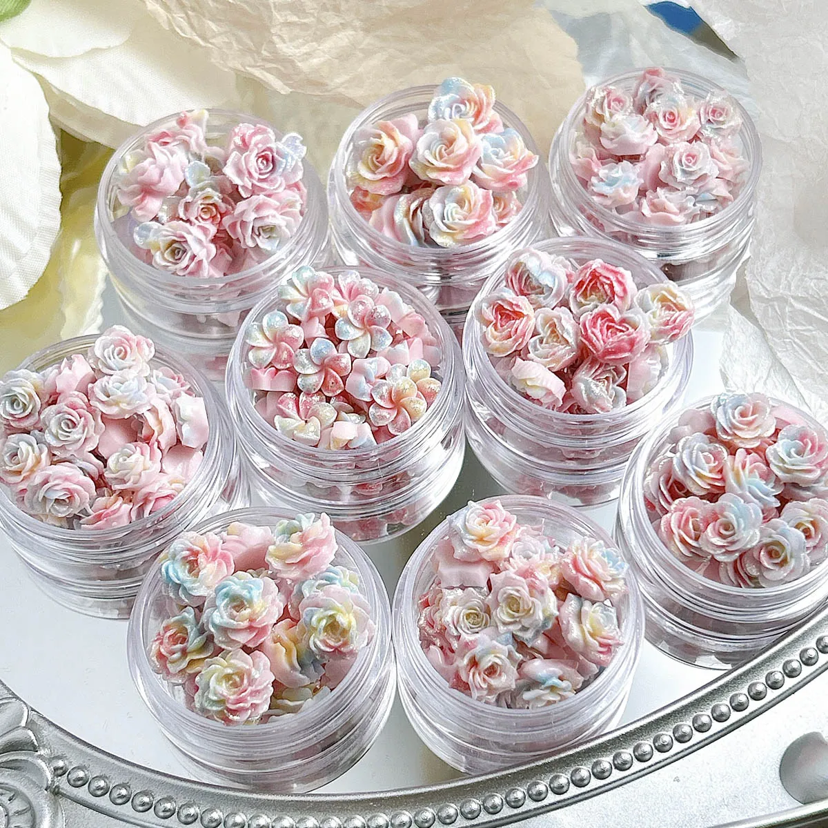 Gradient Luminous Colored Lotus Rose Resin Nail Art Charms Novel Fine glitter Pinwheel Flower Peony Nail Decorations DIY Nails