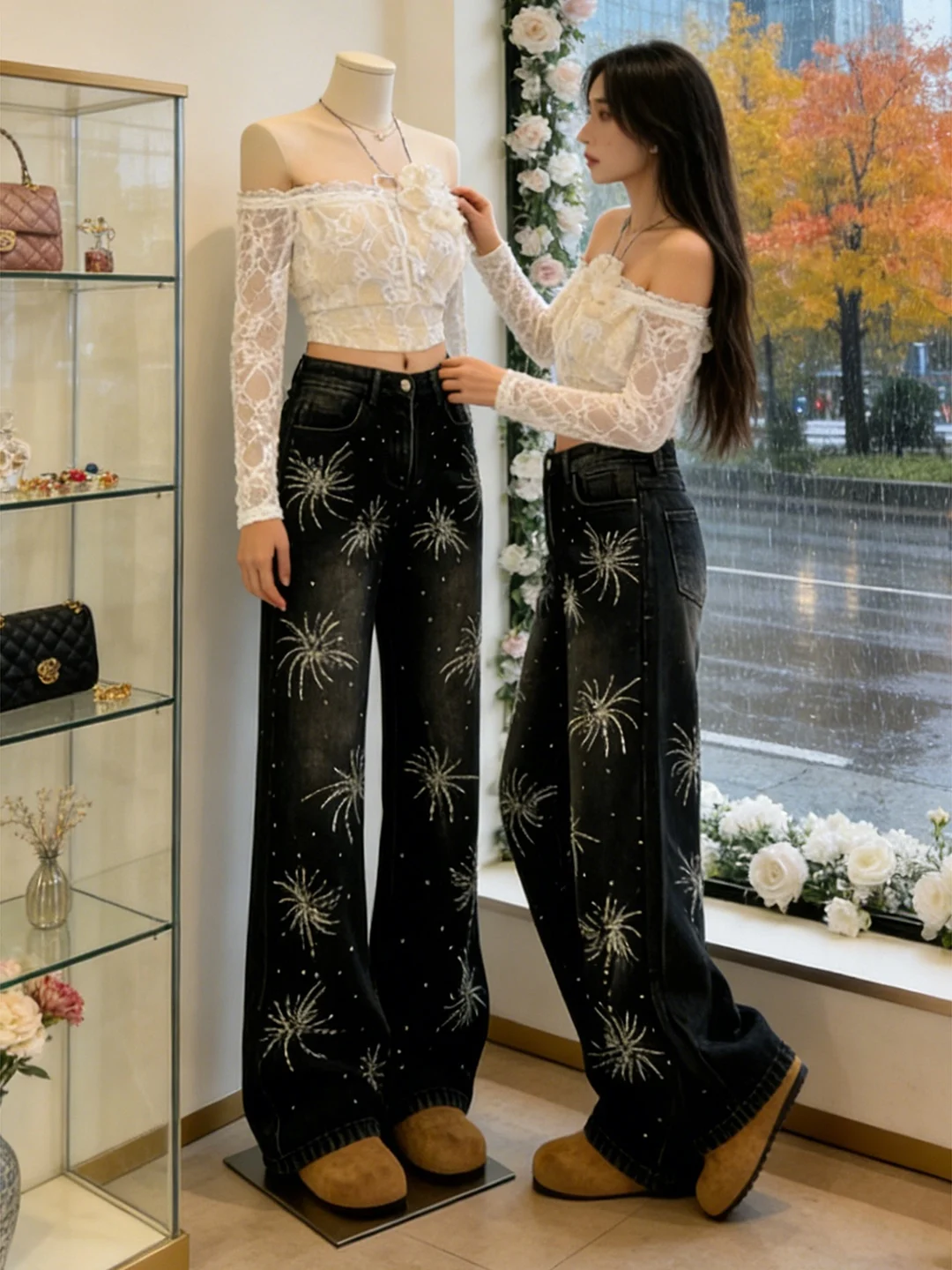 

Bla Sparkling Rhinestone Denim Pants Women's plus Size Wide Leg Casual High Waist Skinnifng for Pear aped Body