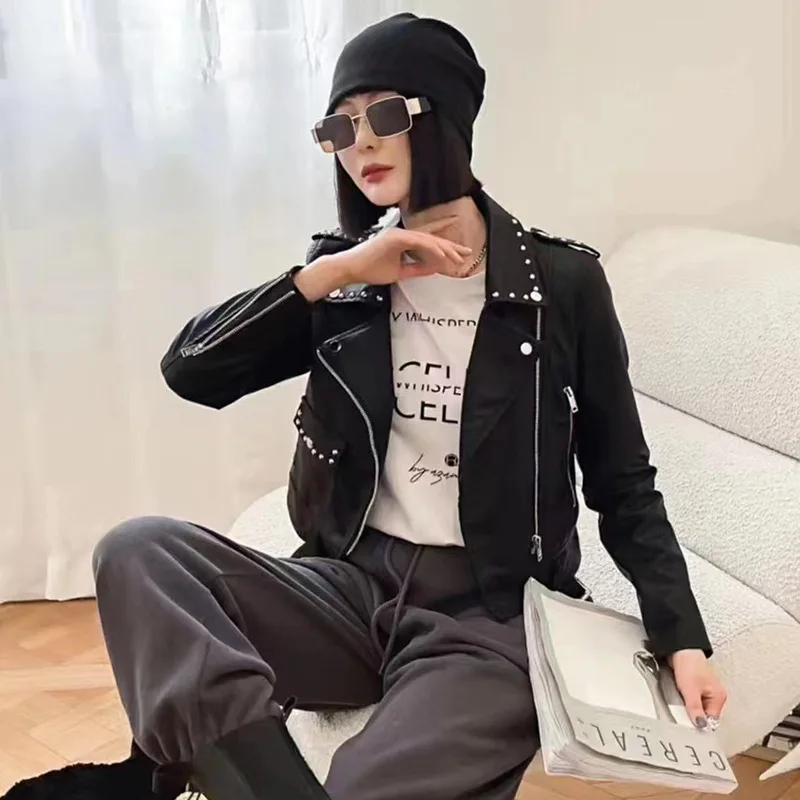 2024 Women's Motorcycle PU Leather Coat Autumn Fashion Personality Rivet Lapel Leather Jacket