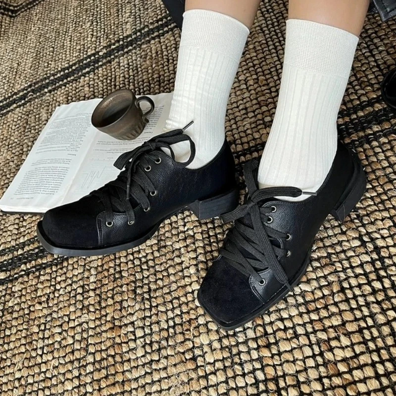 Nuevo 2026 Zapatos de tacón para mujer, mocasines gruesos elegantes con punta cuadrada, Zapatos de oficina de invierno de diseñador, zapatillas informales para mujer, Zapatos con cordones