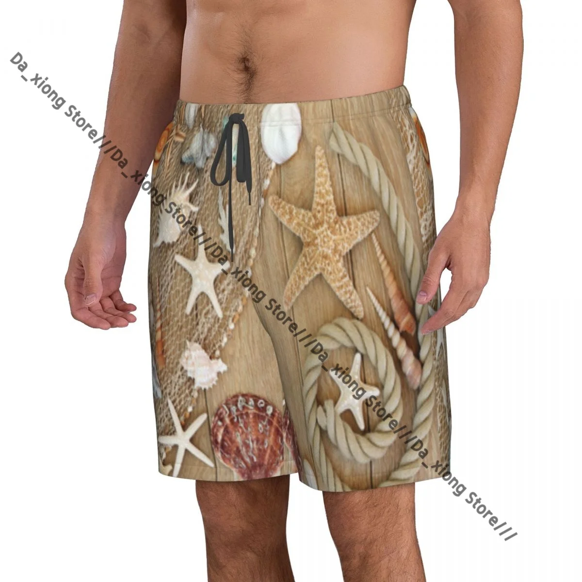 Man Swimwear Sea Shell Fishing Net And Rope On Old Oak Wood Swim Shorts Trunks Beach Board Shorts Swimming Swimsuits