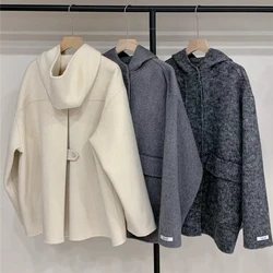 Luxury Hooded Mulberry Silk New Double-sided Wool Coat Women Short Loose Thick Woolen Warm Pocket Jacket Fashion Autumn Winter