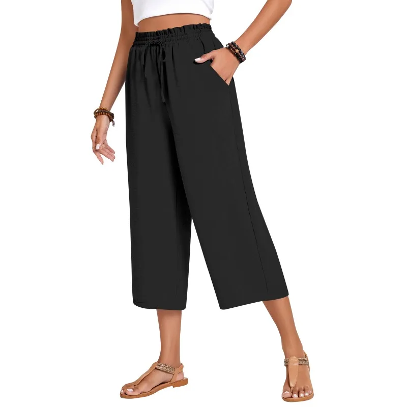 

Women's High-waisted Casual Pants Solid Color Elastic Waist Strap-up Loose Wide-leg Pants Cropped Pants