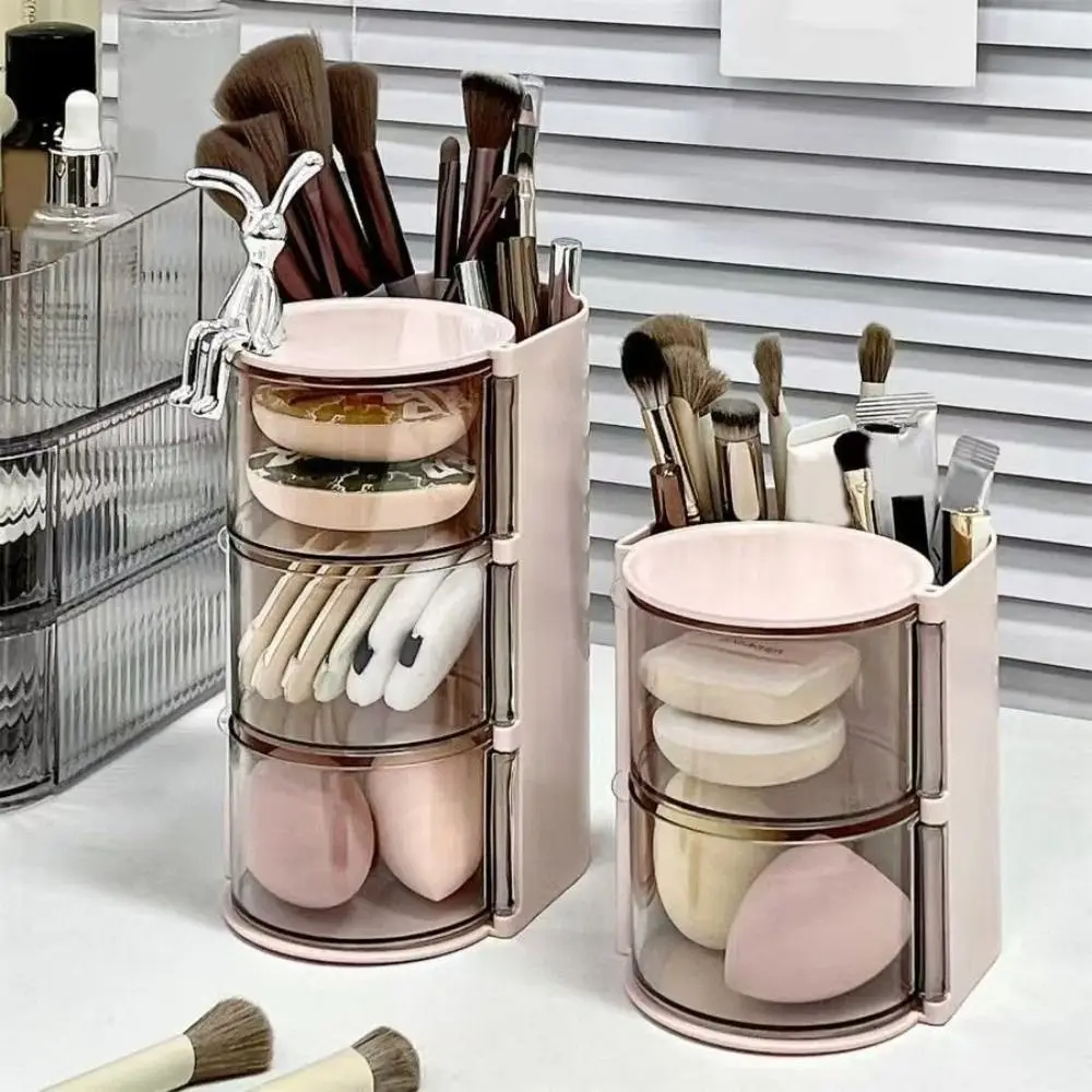 3-Layer Makeup Brush Holder Transparent INS Jewelry Organizer Box Drawer Style Large Capacity Cosmetic Storage Box Powder Puff