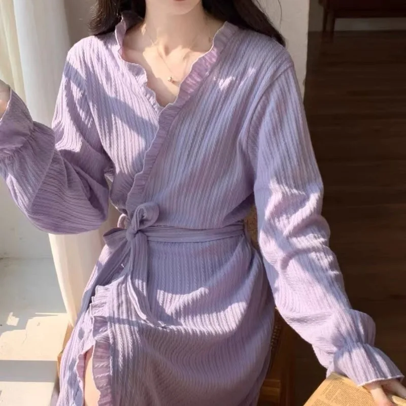 Sweet Nightgown 2024 Women Autumn V-neck Sleepwear Lace-up Solid Color Bathrobe Long Dressing Gown Falbala Homewear Loose Pajama