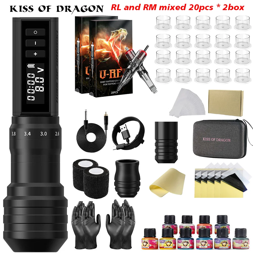 

Набор для татуировки, беспроводная машина для татуировки, ручка, полный комплект, регулируемый ход, ручка для макияжа с индивидуальным двигателем, 20 шт., картриджи, набор для татуировки