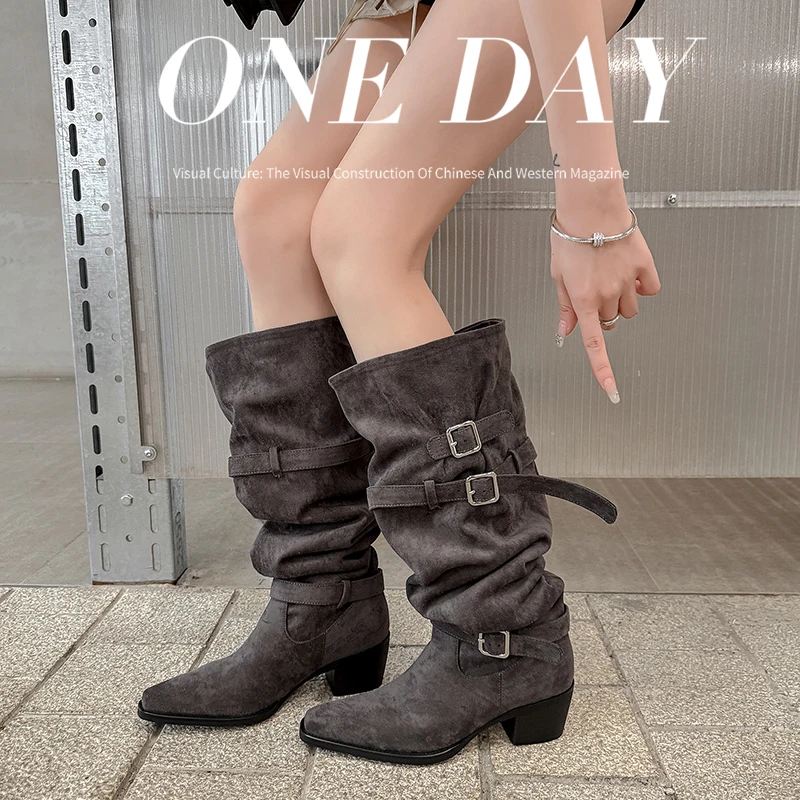 2026 autumn winter women knee-high boots 22-25cm stretch flannel pointed toe belt buckle thick heel Pile up boots long boots
