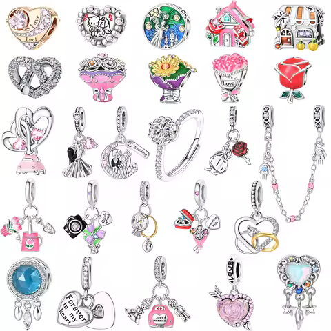 Original 925 Sterling Silver Romantic Wedding Charms Bouquet Ring Rose Heart Beads Pendants Fit Bracelets DIY Fine Jewelry Gifts