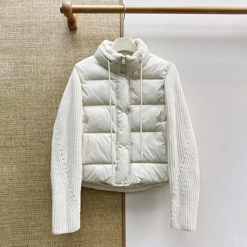 Women's Wool-Sleeve Patchwork Down Jacket, Warm Jacket Filled with White Duck Down, High-Quality Hoodie, 2026, New Arrival, Y2K