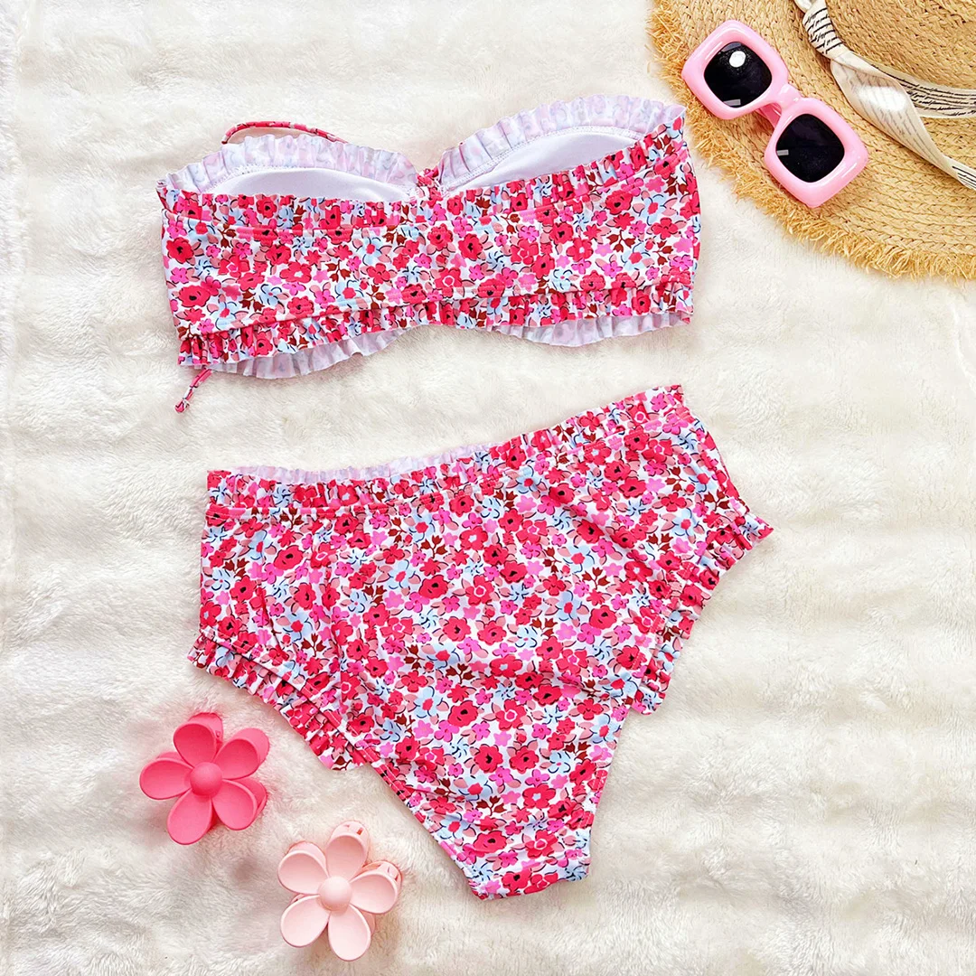 Blumenmuster-Bandeau-Badeanzug für Damen, Bikini mit hoher Taille, zweiteiliges Bikini-Set, Badebekleidung, Badeanzug, Modell V6613. – Detail 16