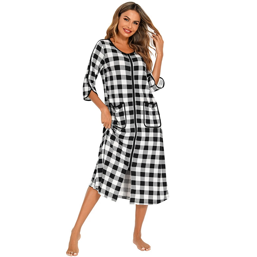 Crewneck Soft Loungewear Zipper up Sleepwear with Pockets Soft Striped Sleepshirt Loose Nightgowns Women Sleepdres