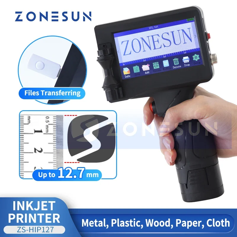 ZONESUN Handheld Inkjet Printer Touchscreen USB QR Coding Machine Carton Rubber Metal Serial Number Expiry Date ZS-HIP127