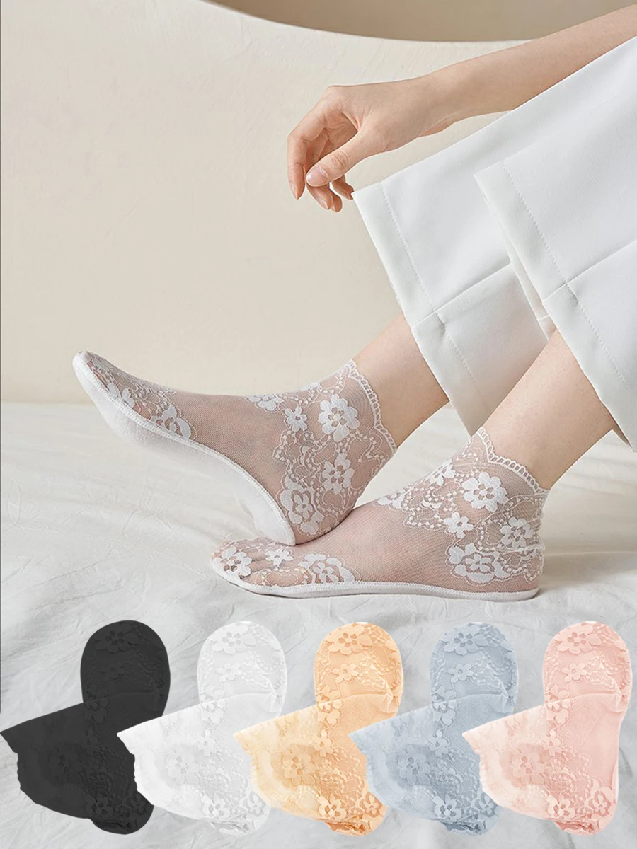 5 Paar Damen-Socken für den Sommer, weich und bequem, einfarbig, atmungsaktiv, rutschfest, Blumenspitze, kurze Röhrensocken