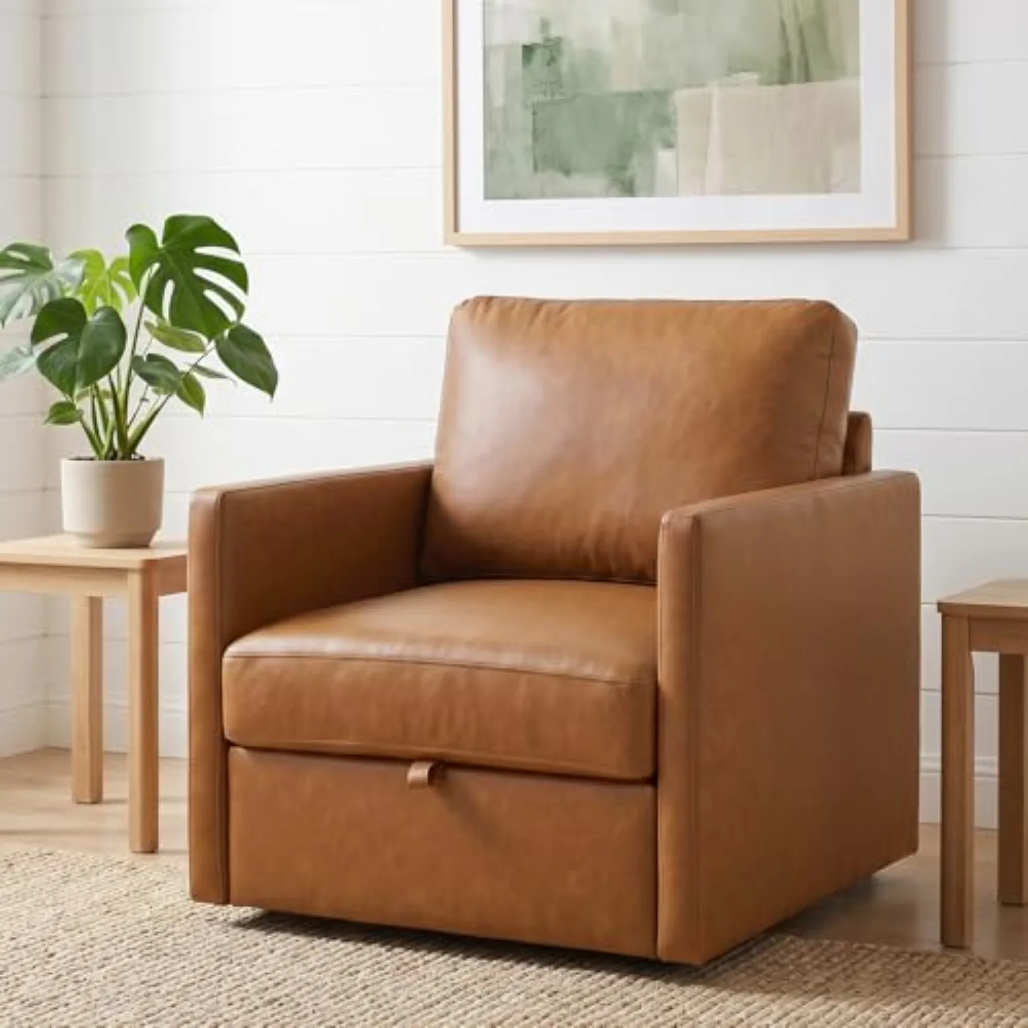 Swivel Accent Chair with Storage, Mid Century Living Room Chairs | High-Density Foam, Faux Leather, Easy to Clean