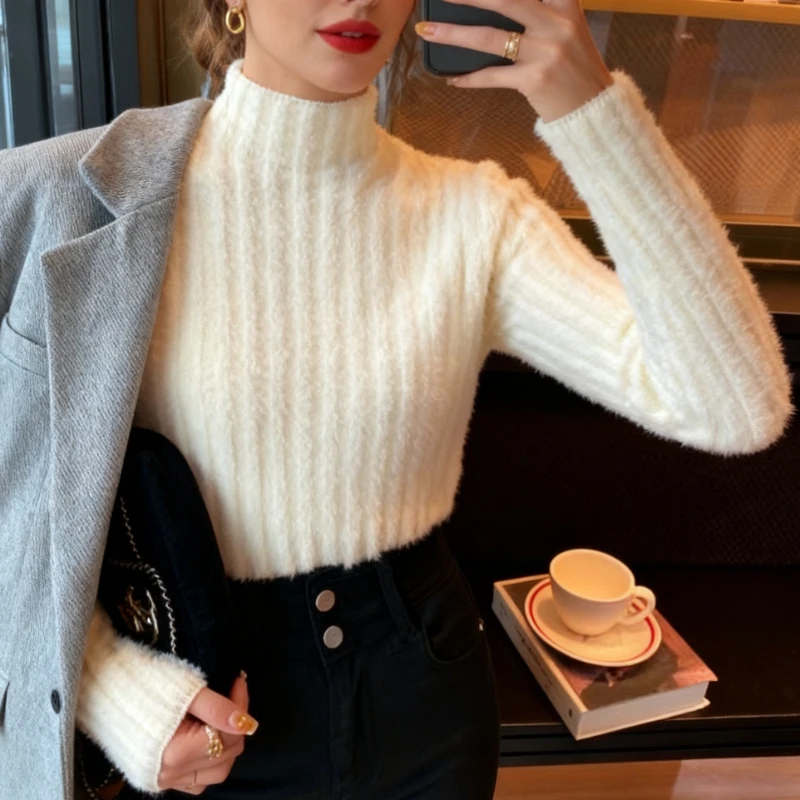 

New Chic Autumn/Winter Solid Color Women's Semi-turtleneck Long-sleeved Slim-fit Sweater Striped Knitwear Bottoming Shirt
