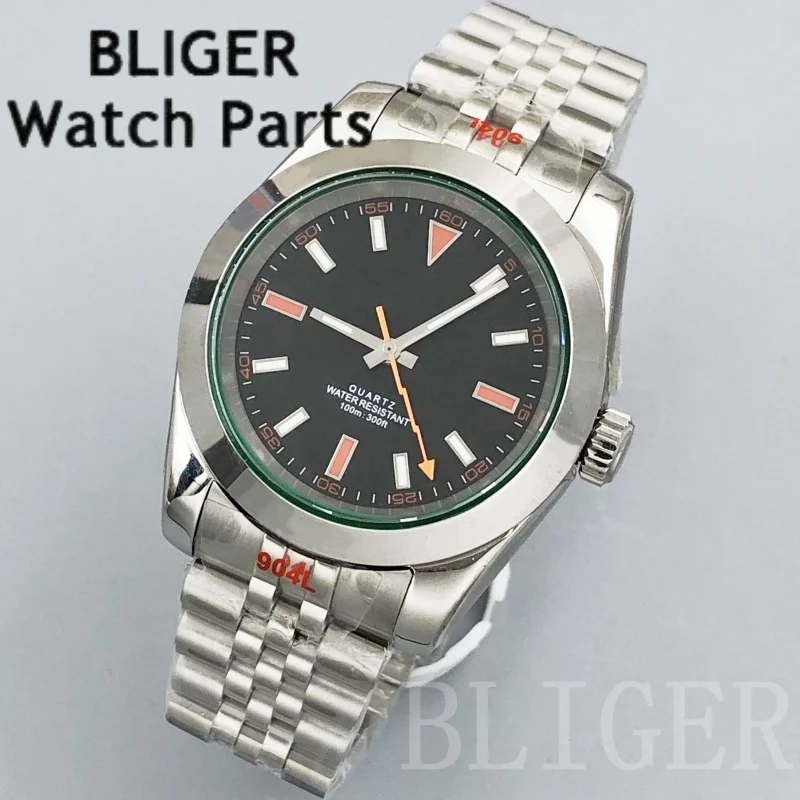 BLIGER 36 มม./39 มม.RONDA 515 นาฬิกาควอตซ์สำหรับผู้ชายกระจกสีเขียวสีส้มสายฟ้ามือสองเหล็กกันน้ำผู้ชายนาฬิกาแฟชั่น