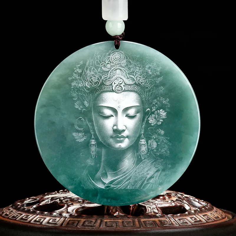 

Jia Le/ Natural Jade Blue Water Shadow Carving Guan Yin Bodhisattva Round Necklace Pendant for Men and Women Fashion Amulet Gift