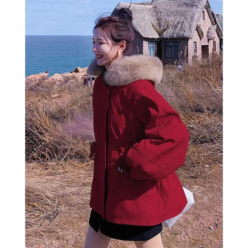 

2025 Female Leisure Hooded Parkas Coat Korean Lady Fashion Cotton Padded Jacket Autumn Winter Women Long Sleeves Puffer Outwear