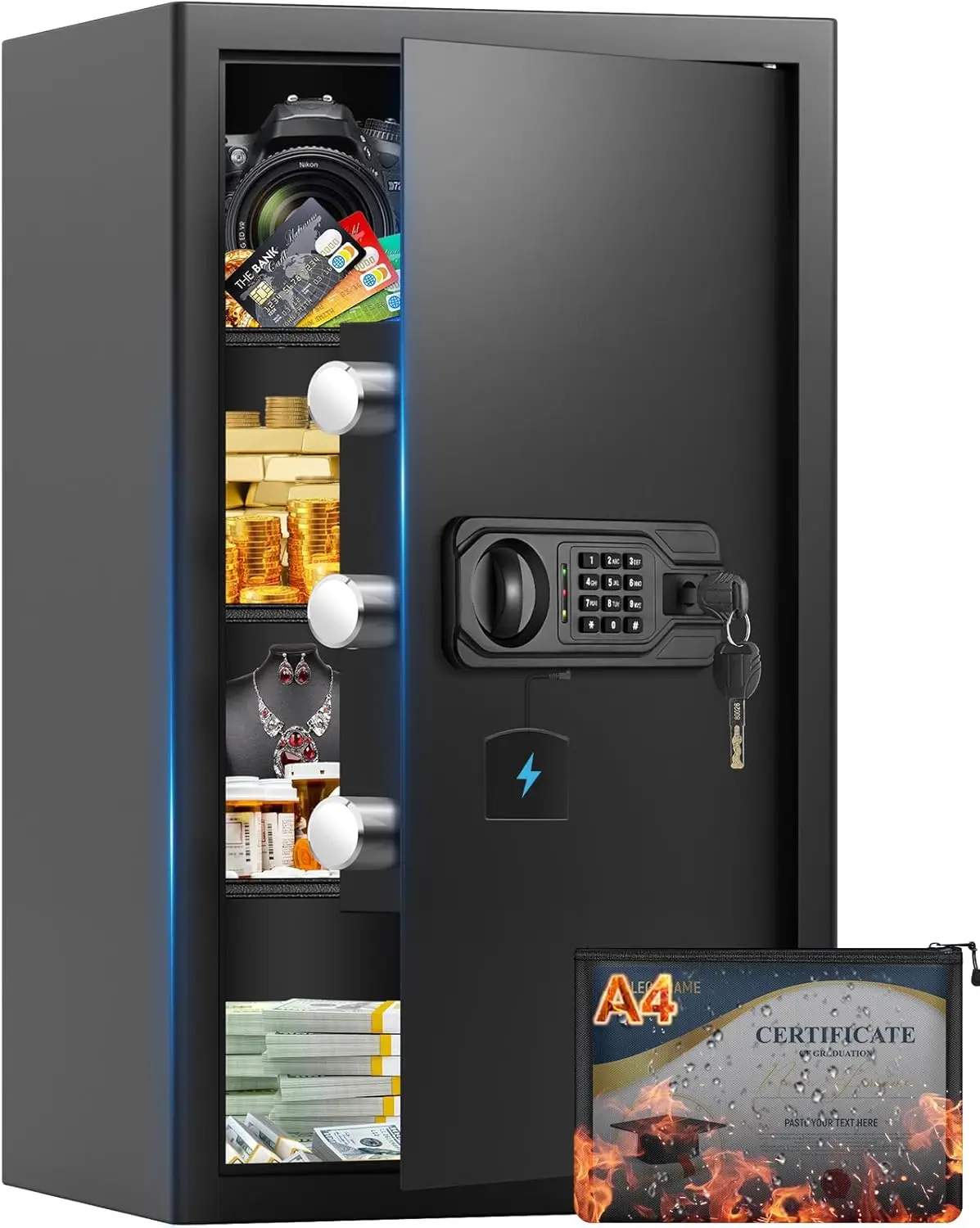 5.2 Cuft Large Fireproof Safe, Home Safes Water and Fireproof, Digital Security Document Safe With Led Light, Smart Alert, Backu