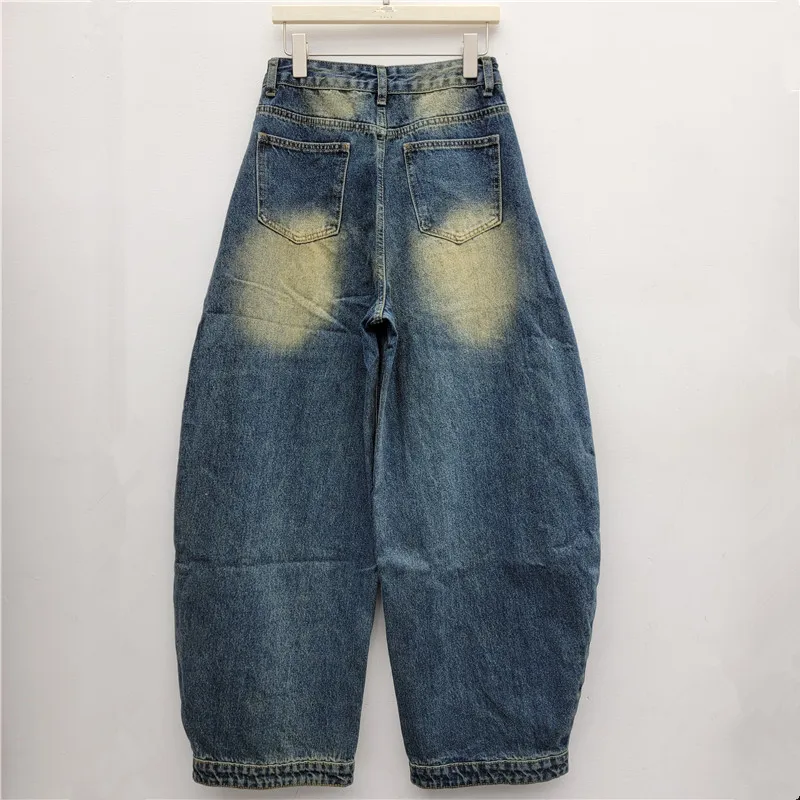 Trendy American-style Washed All-match Wide Leg Jeans Women Fashionable High Waist Metal Decoration Floor-length Denim Pants