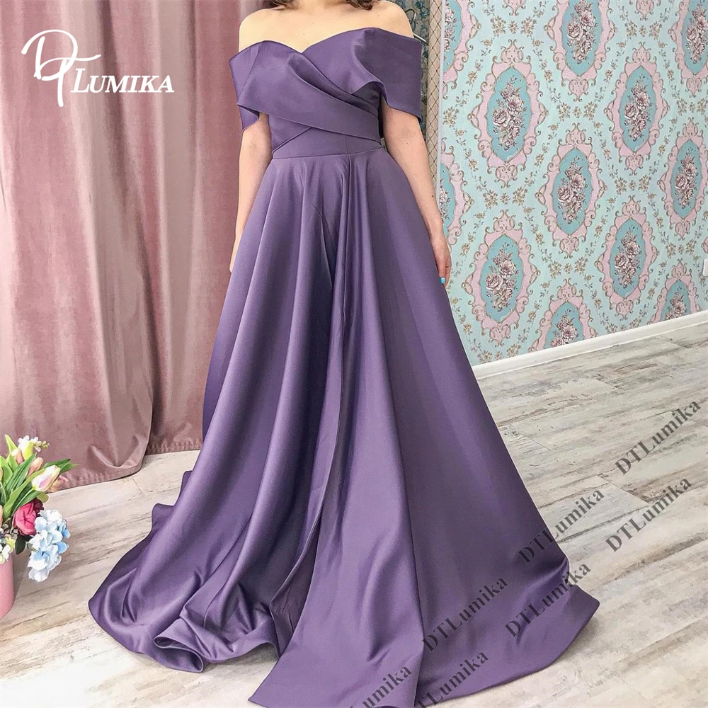 DTLumika Made-to-Order Simple Satin Party Dress for Women Off the Shoulder A Line Long Evening Dresses Wedding Guest Formal Gown