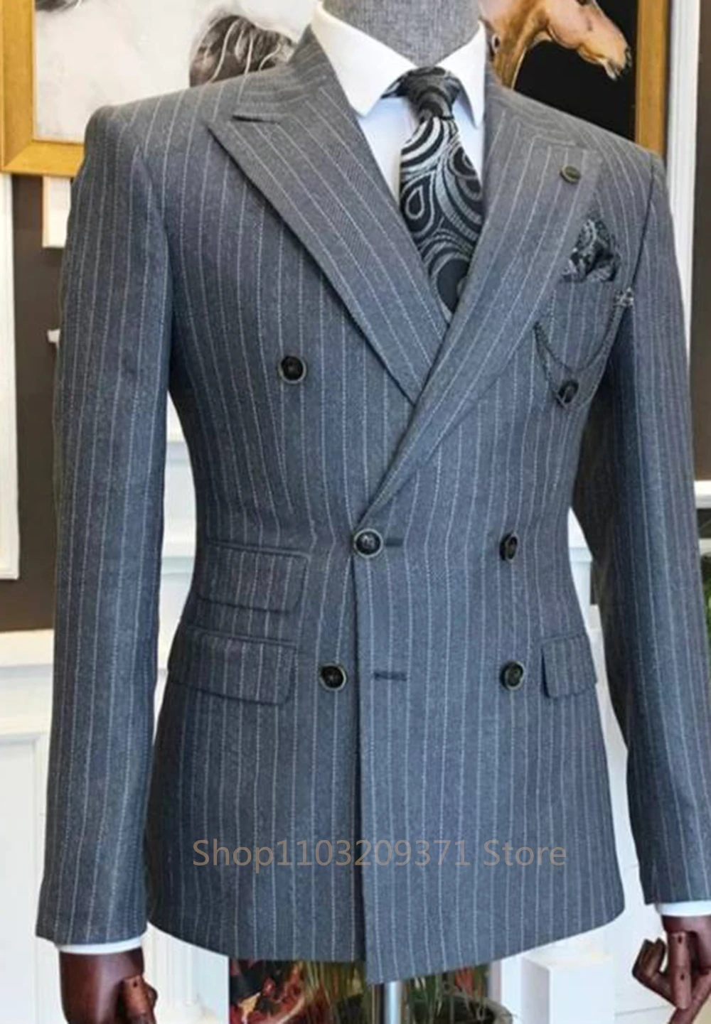 Autumn Style Suits Double-breasted Slim Men\'s Suits Striped Business Professional Casual Formal 1 Piece Blazer Groom Wedding