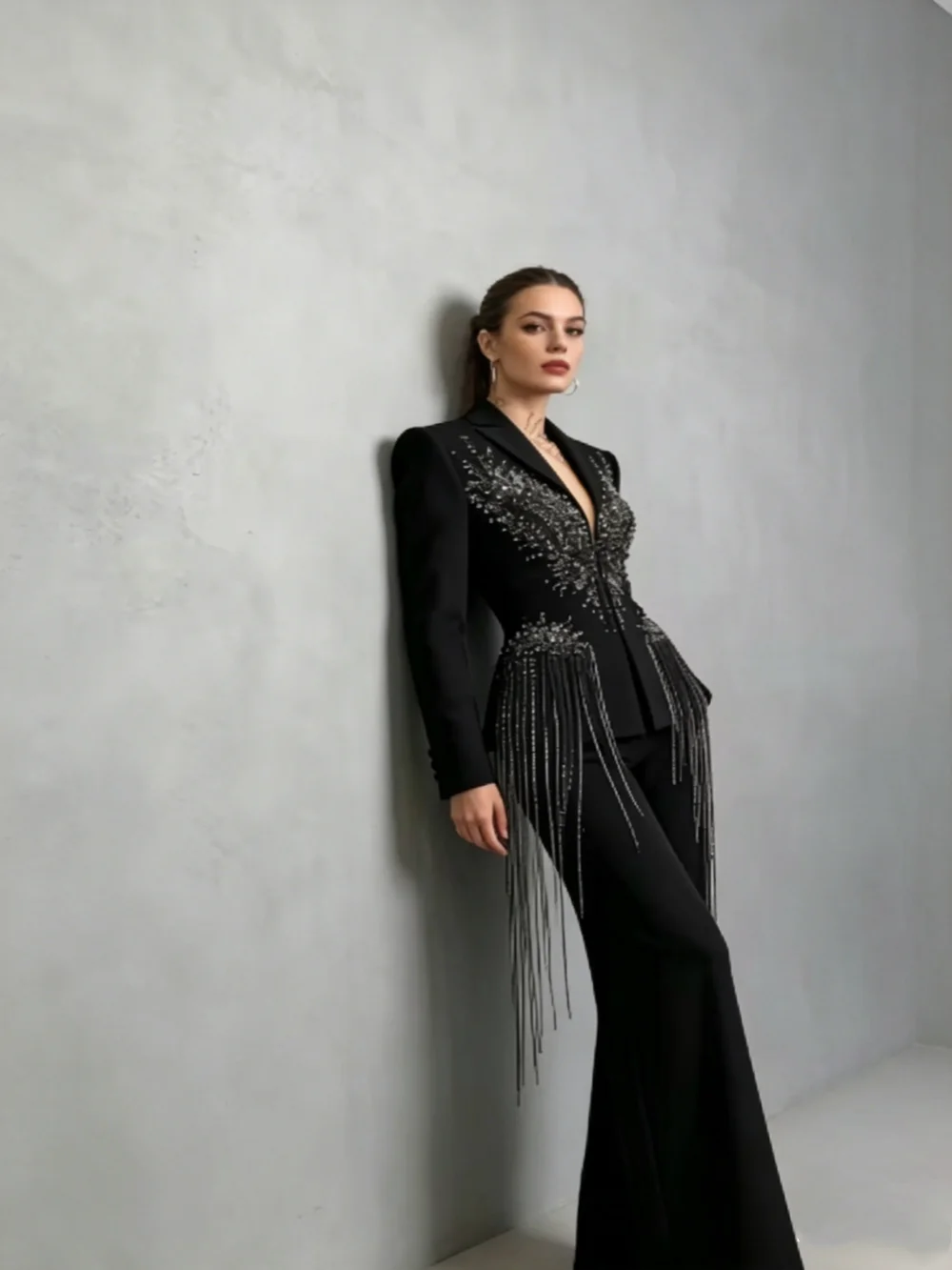 Stunning Beaded Women Suits Peaked Lapel Prom Blazer Sets Tassel Customized Banquet Party 2 Pieces Customized