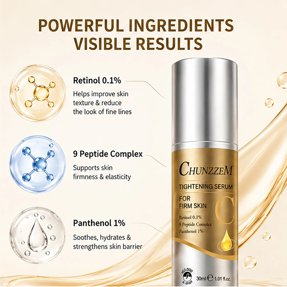 CHUNZZEM The Vita A Retinol 0.1% Tightening Serum 9 Peptide Complex Anti‑Aging Facial Essence Reduce Fine Lines Firm Brighten Skin Care 30ml
